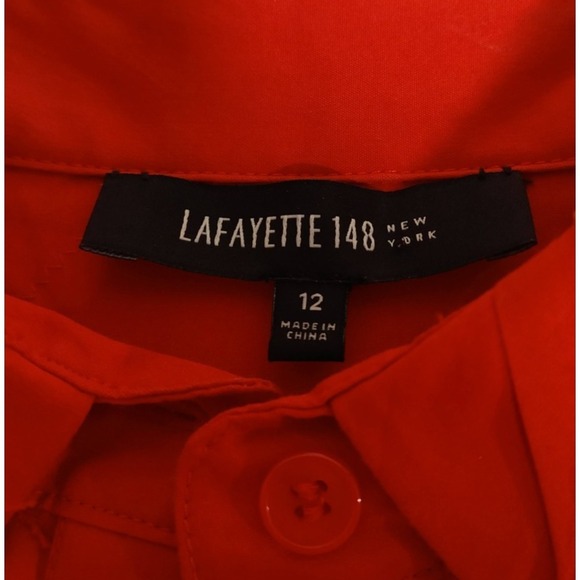 Lafayette 148 New York Shirt Blouse Size 12 Cherry Red Textured Hidden Button - Picture 3 of 9